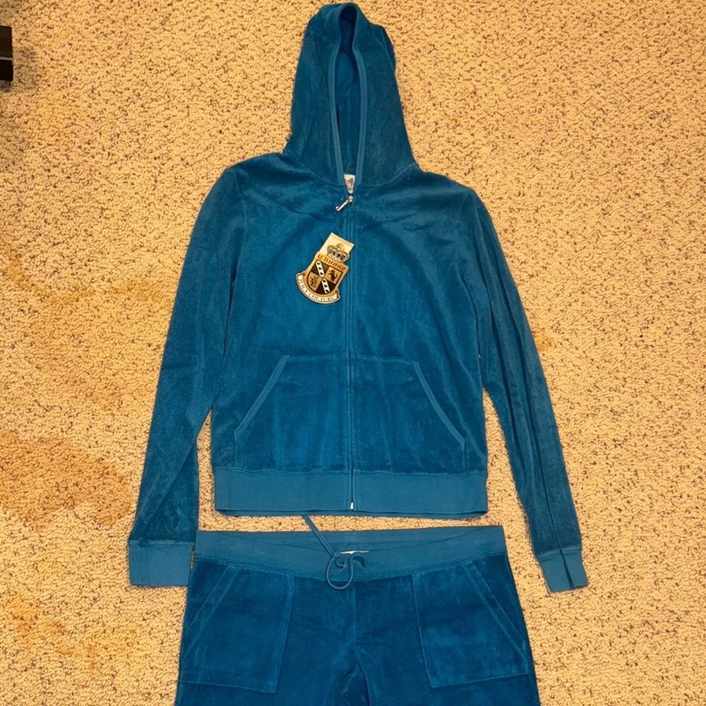 Juicy Couture Teal Terry Hoodie Jogger Tracksuit Sweatsuit Set Top XL Bottom L - Picture 4 of 7